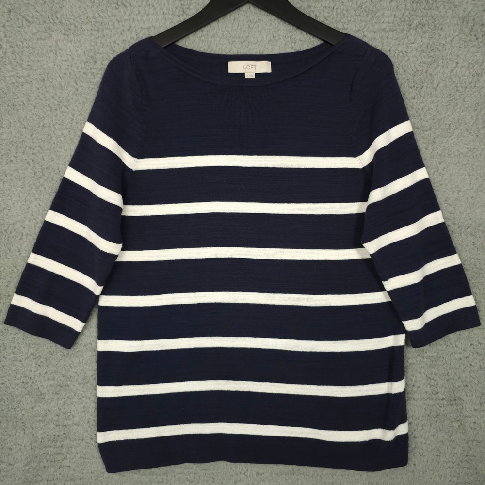 Ann Taylor LOFT Sweater‎ Womens XL Blue White Striped 3/4 Sleeve Nautical Knit